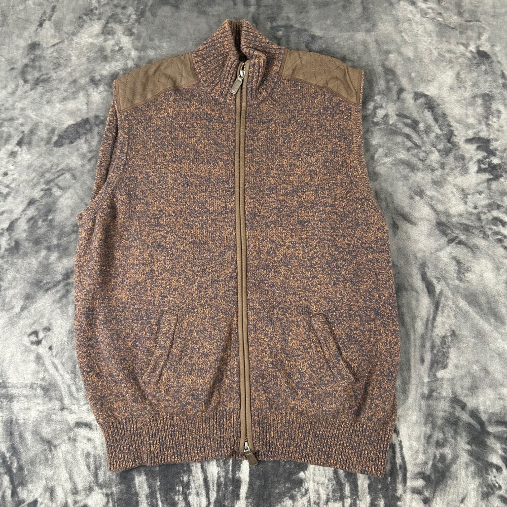 Cremieux Sweater Vest Mens XL Brown Wool Blend Full Zip‎ Quilted Shoulder Patch